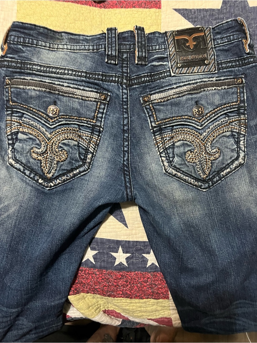 Rock Revival Distressed Embroidered Pocket Jeans - Blue Straight fit